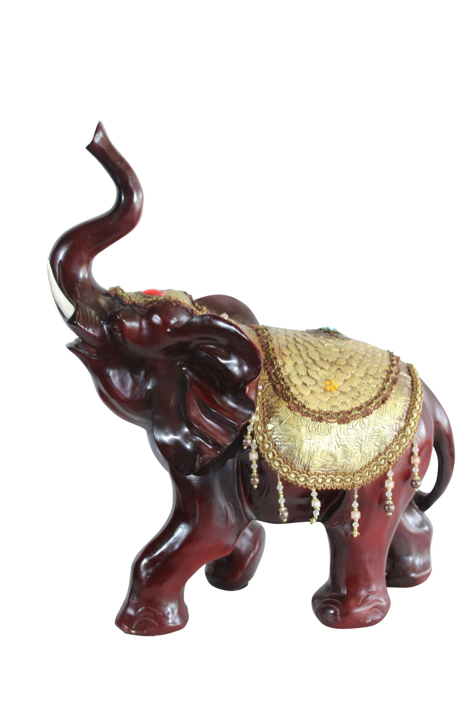 Resin Elephant Statue with Gold Saddle and Raised Trunk - Regal Lucky Elephant Home Decor - 19" x: Title:Resin Elephant Statue with Gold Saddle and Raised Trunk - Regal Lucky Elephant Home Decor - 19" x 10" x 22"H Description:This elegant resin elephant statue features a rich reddish-brown finish w