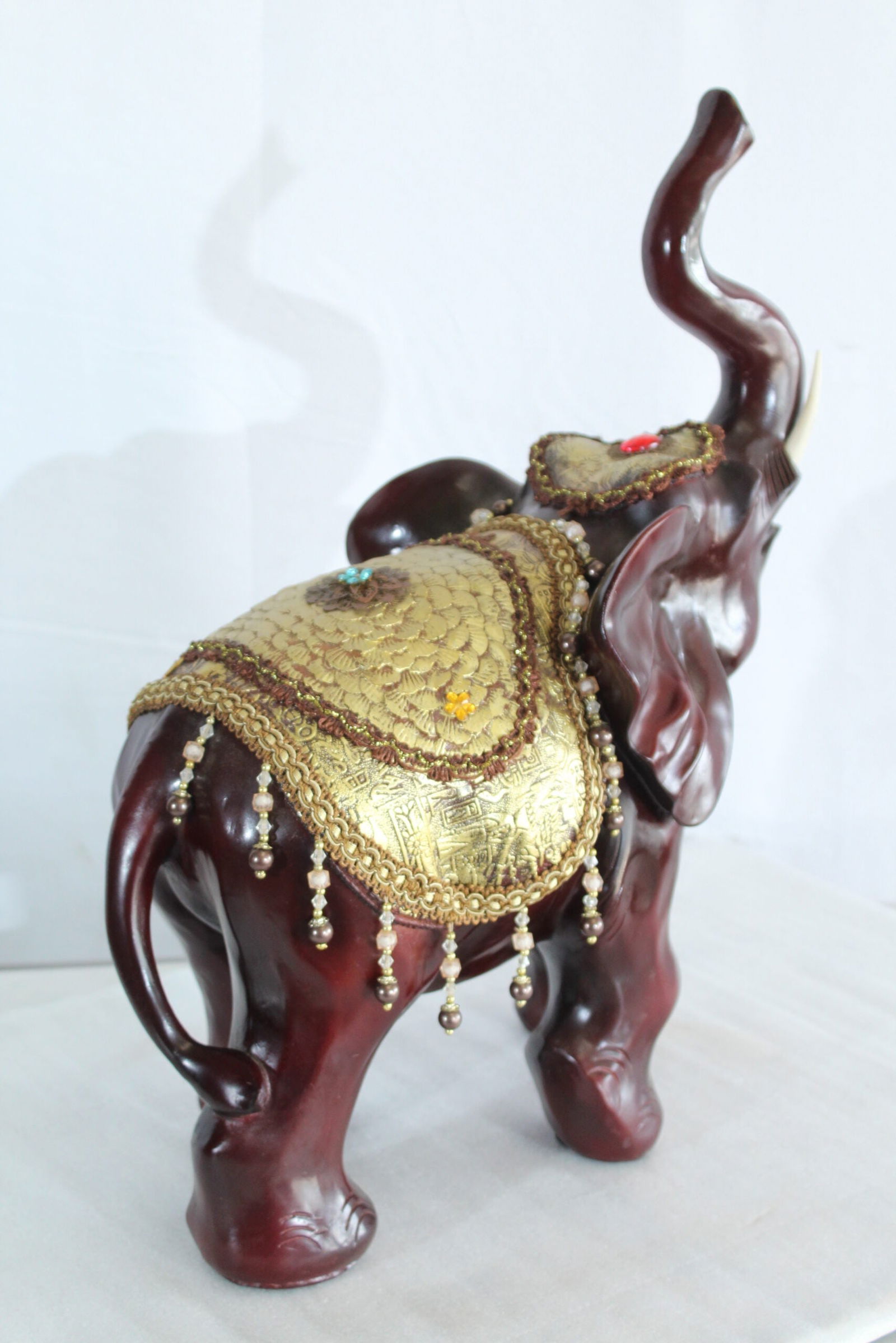 Resin Elephant Statue with Gold Saddle and Raised Trunk - Regal Lucky Elephant Home Decor - 19" x - 6