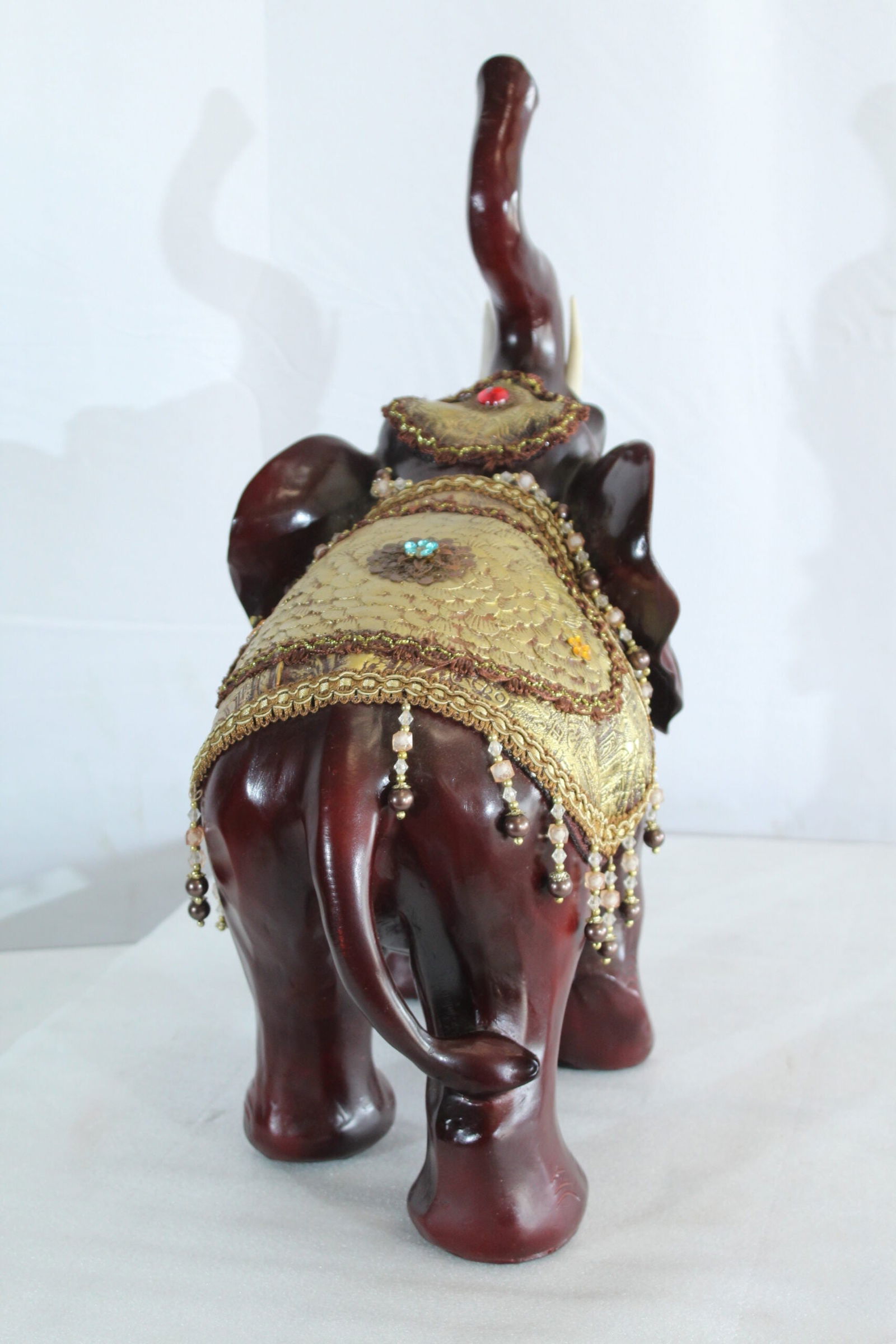 Resin Elephant Statue with Gold Saddle and Raised Trunk - Regal Lucky Elephant Home Decor - 19" x - 7