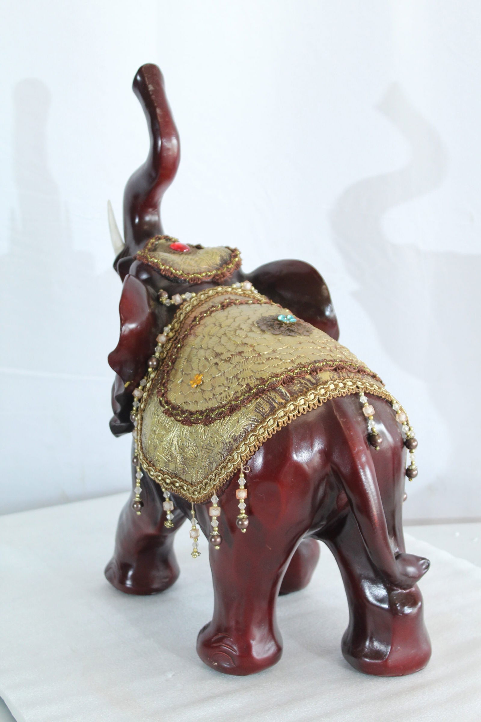 Resin Elephant Statue with Gold Saddle and Raised Trunk - Regal Lucky Elephant Home Decor - 19" x - 8