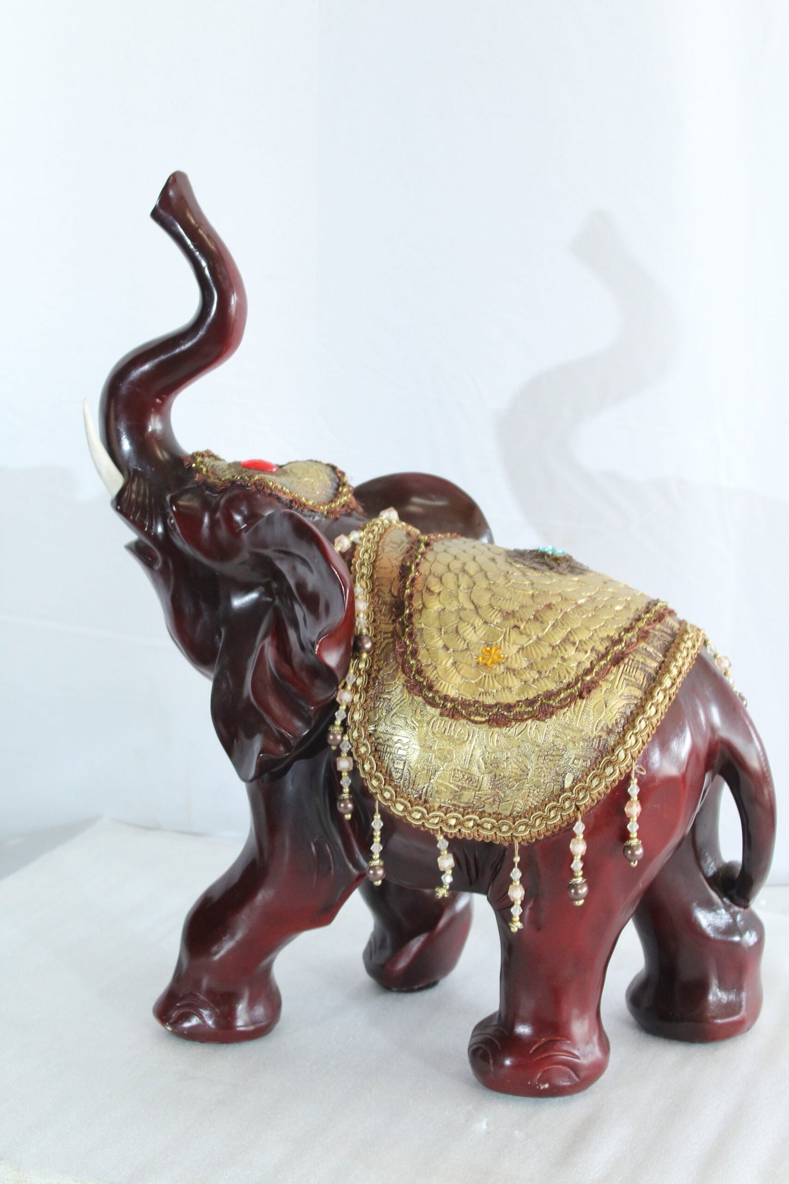 Resin Elephant Statue with Gold Saddle and Raised Trunk - Regal Lucky Elephant Home Decor - 19" x - 9