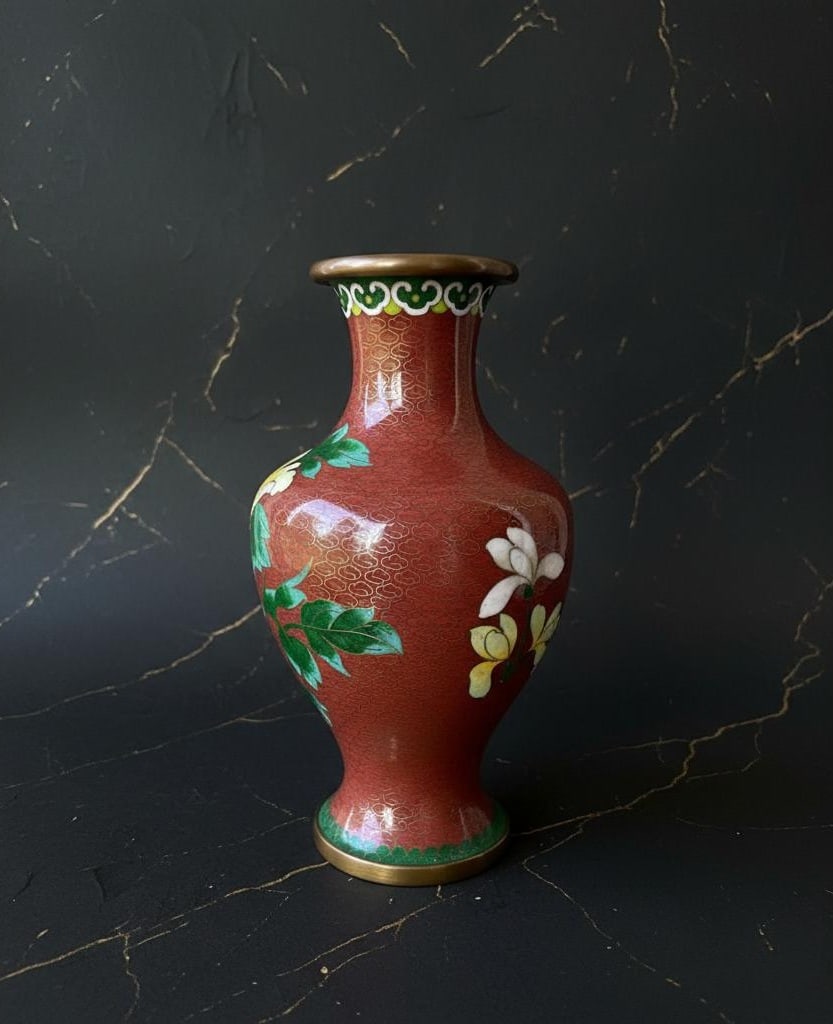 Red Cloisonne Enamel Vase with Birds & Flowers, Chinese Art, 8 1/8 Inch Tall - 2