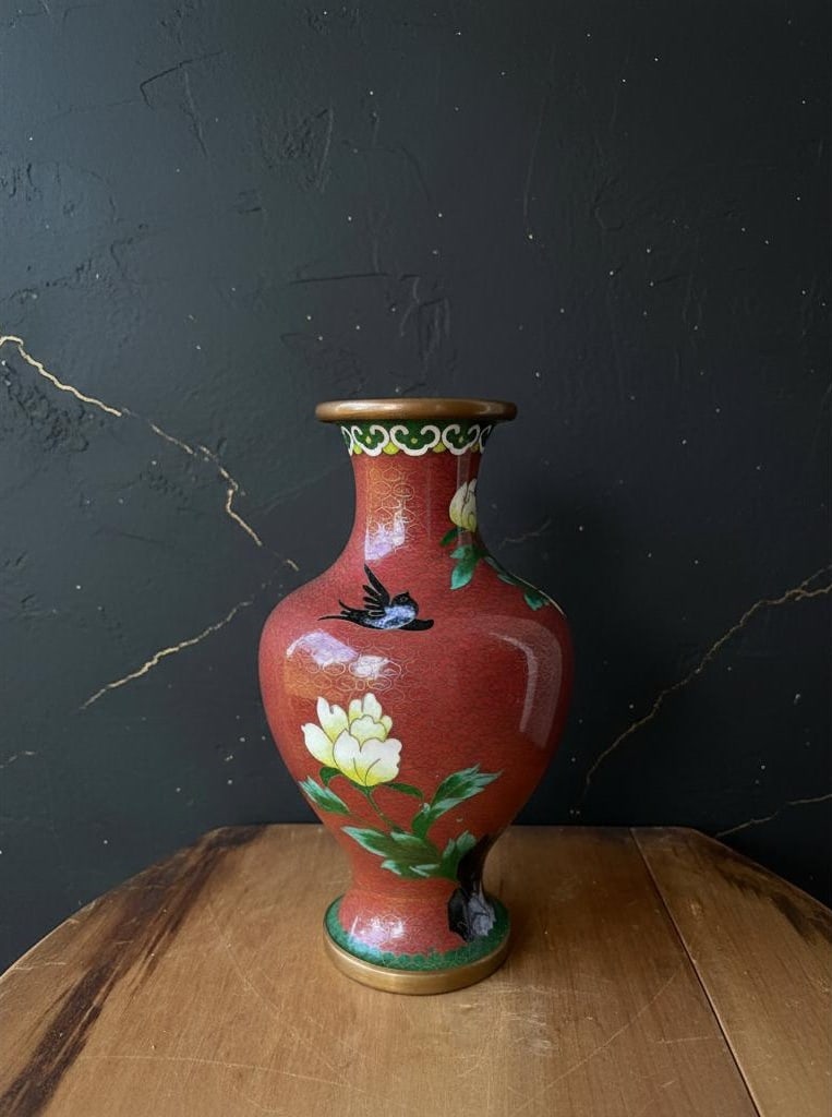 Red Cloisonne Enamel Vase with Birds & Flowers, Chinese Art, 8 1/8 Inch Tall - 4