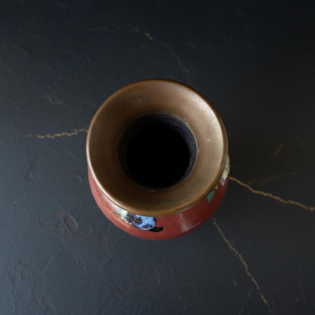 Red Cloisonne Enamel Vase with Birds & Flowers, Chinese Art, 8 1/8 Inch Tall - 5