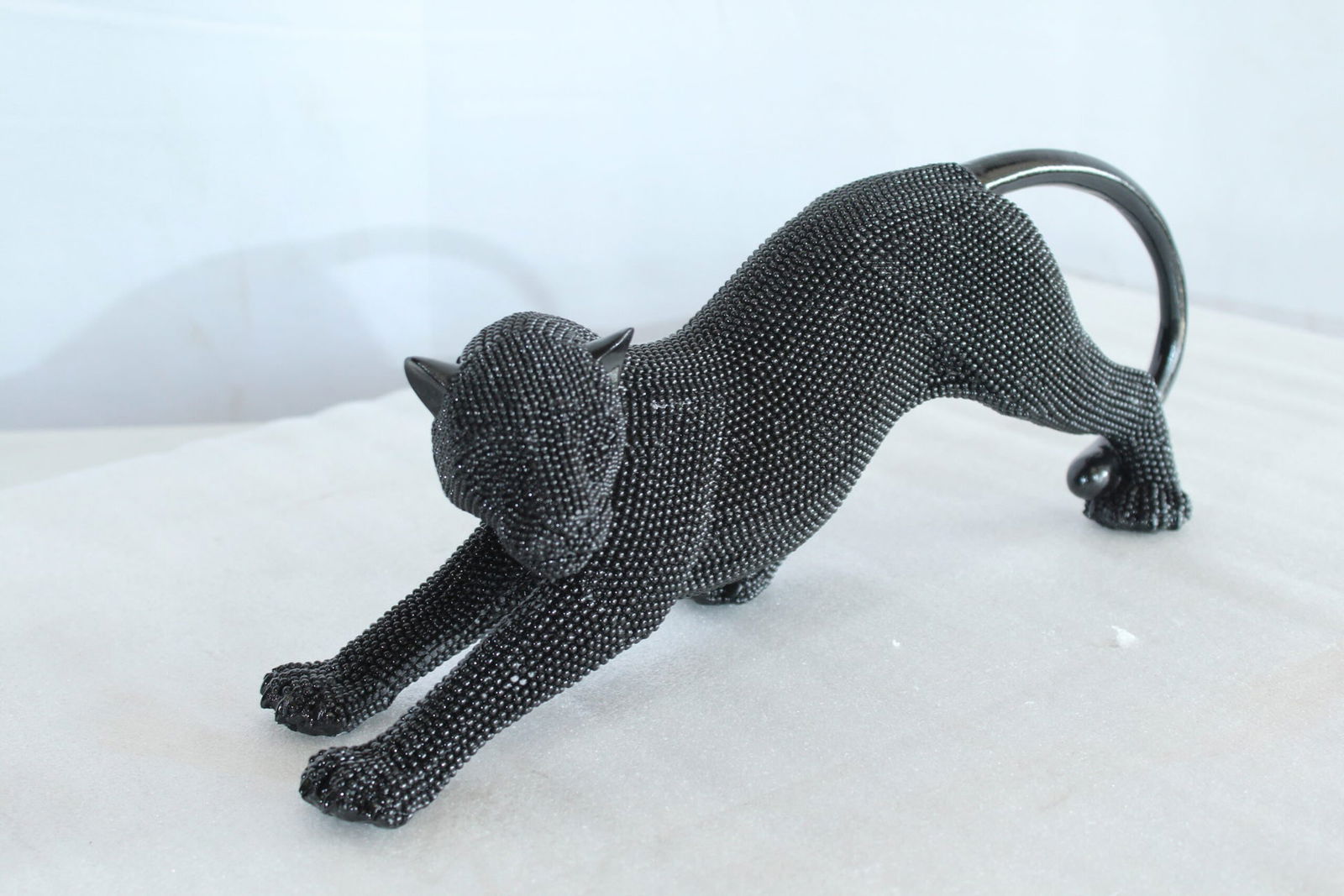 Stretching Panther Black Resin Sculpture with Beaded Texture - Luxury Designer Animal Décor - 15" x - 11