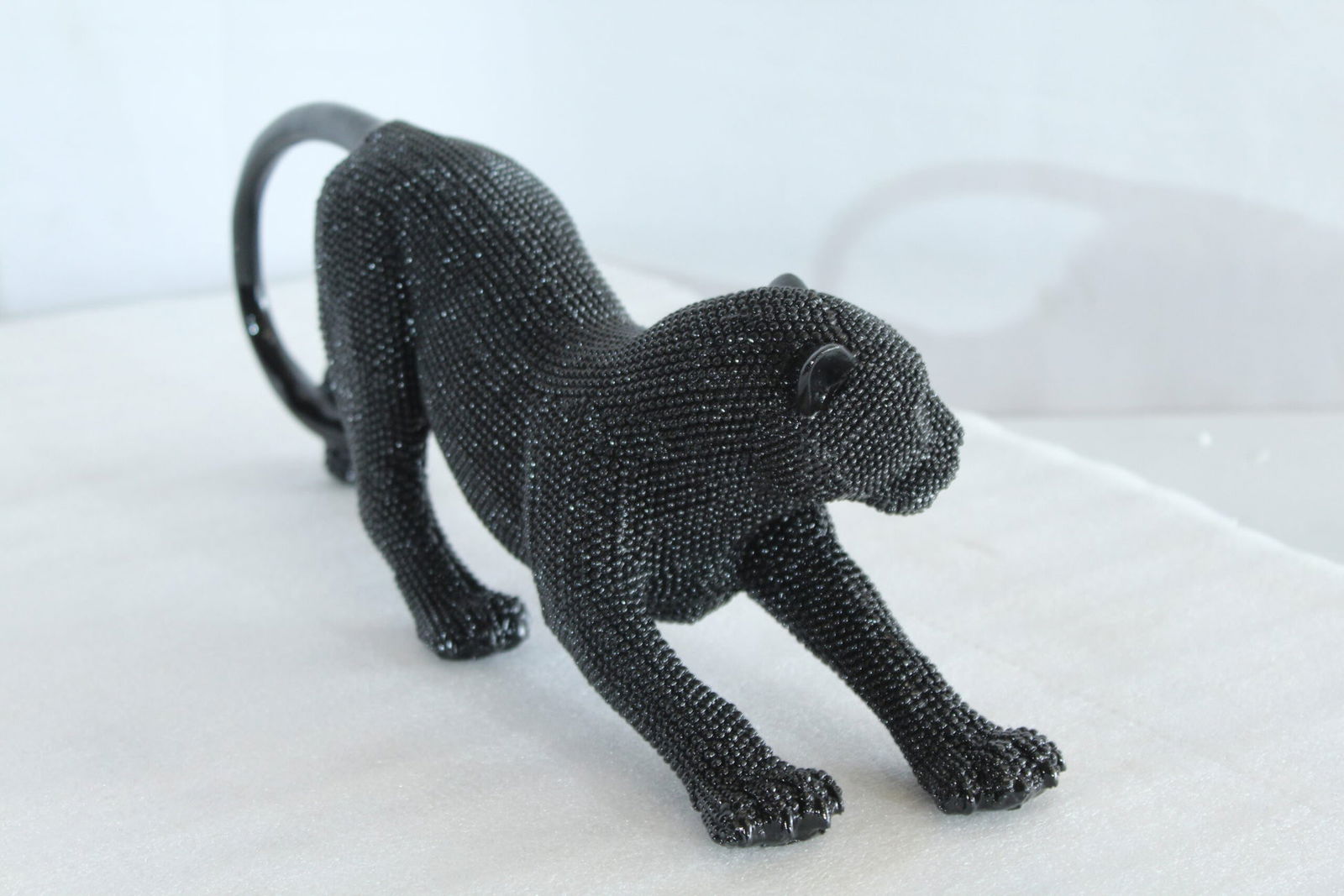 Stretching Panther Black Resin Sculpture with Beaded Texture - Luxury Designer Animal Décor - 15" x - 3