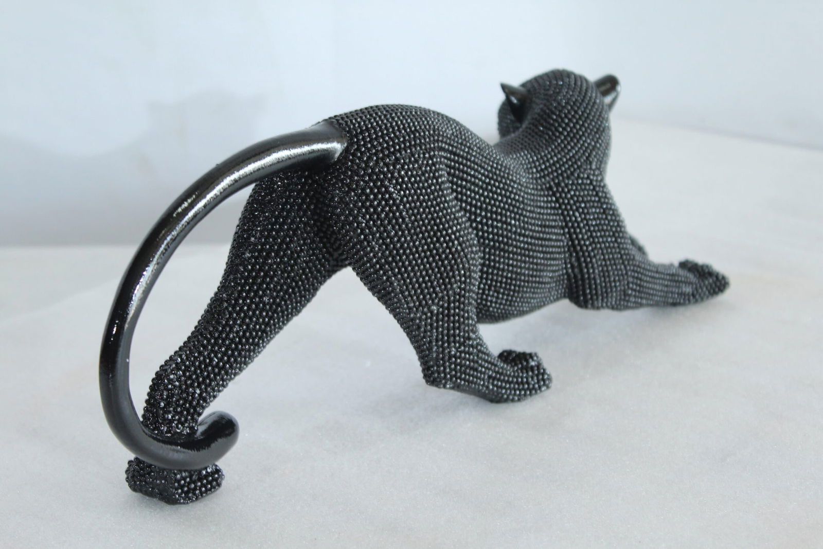 Stretching Panther Black Resin Sculpture with Beaded Texture - Luxury Designer Animal Décor - 15" x - 6