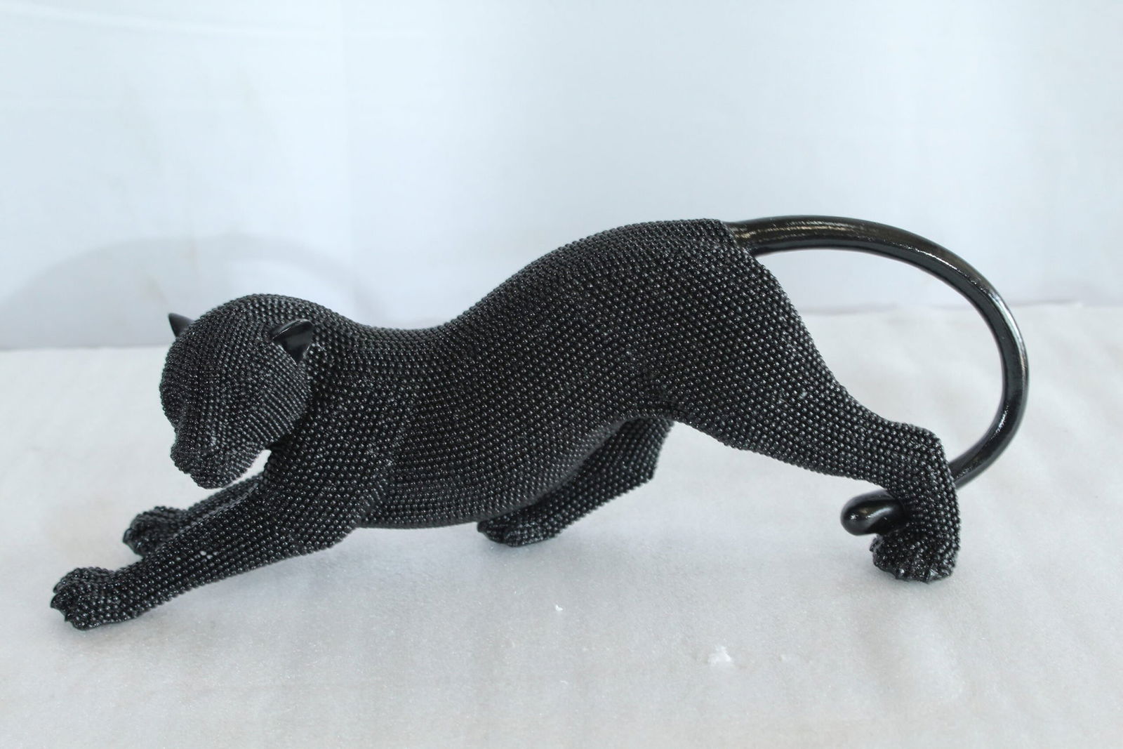 Stretching Panther Black Resin Sculpture with Beaded Texture - Luxury Designer Animal Décor - 15" x - 9