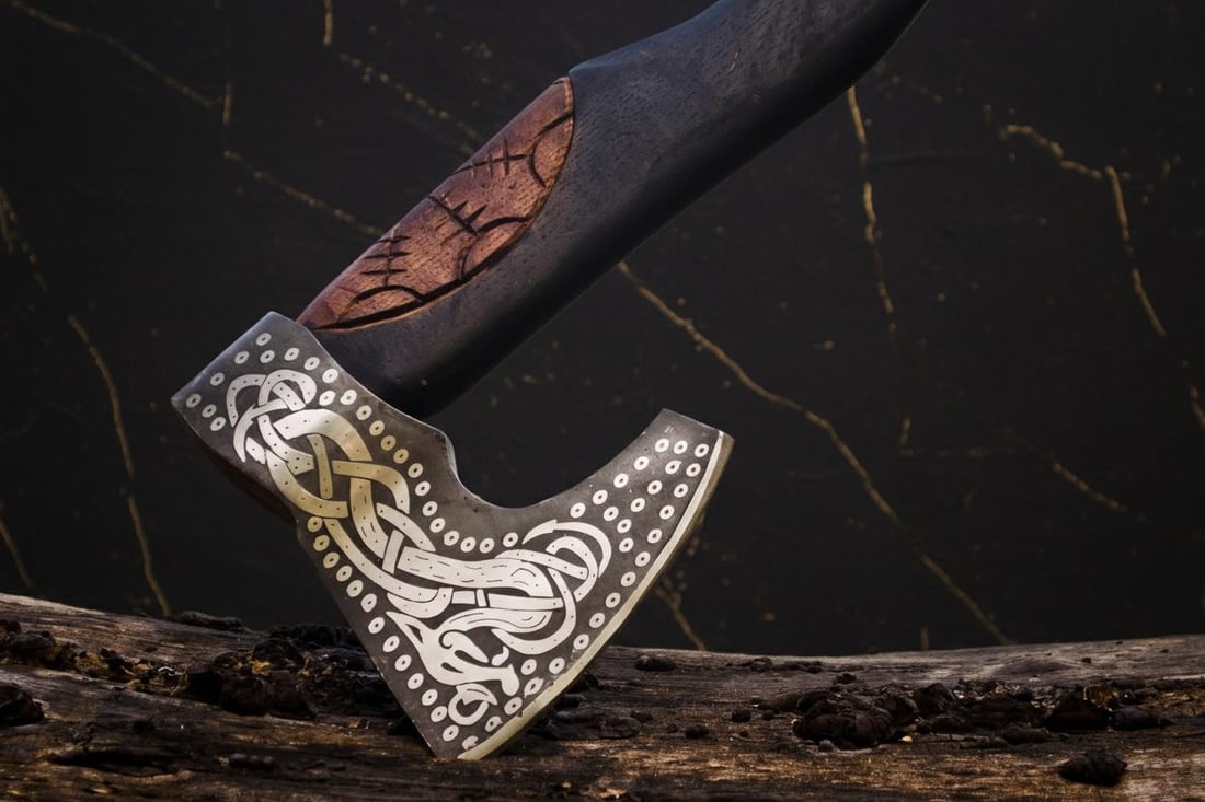 Hand Forged Bearded Viking Axe, Carbon Steel Throwing Tomahawk with Engraved Ash Handle - 10