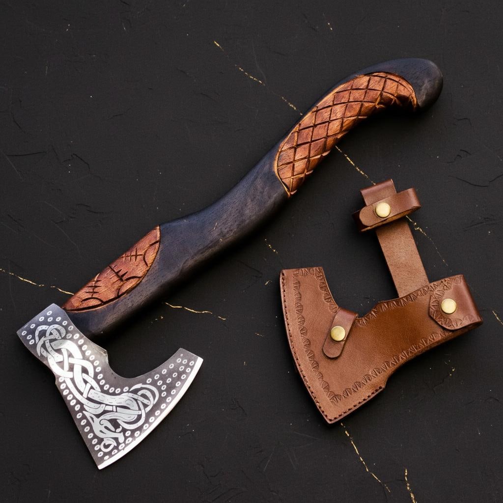 Hand Forged Bearded Viking Axe, Carbon Steel Throwing Tomahawk with Engraved Ash Handle (1 of 11)