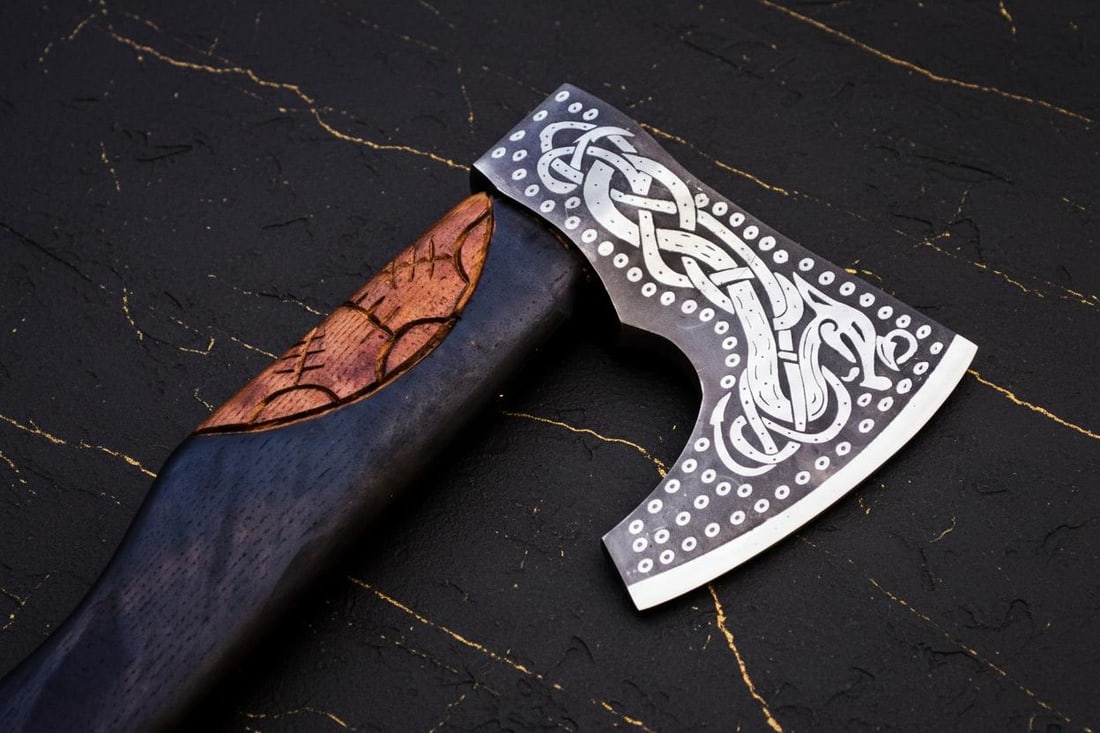 Hand Forged Bearded Viking Axe, Carbon Steel Throwing Tomahawk with Engraved Ash Handle - 5