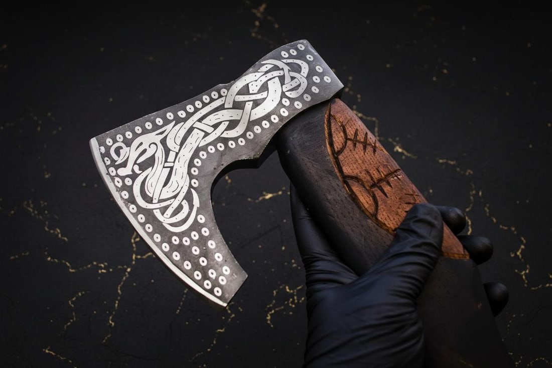 Hand Forged Bearded Viking Axe, Carbon Steel Throwing Tomahawk with Engraved Ash Handle - 9