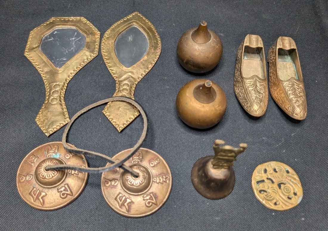 Large 10lb Vintage Brass Lot 17pc Asian Indian Decor Etched Dallah Tingsha Bells - 10
