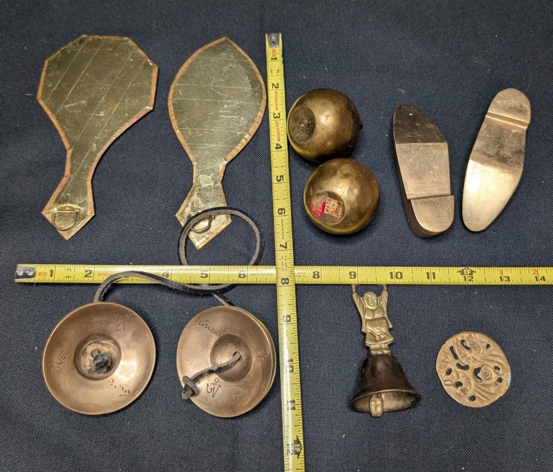Large 10lb Vintage Brass Lot 17pc Asian Indian Decor Etched Dallah Tingsha Bells - 12