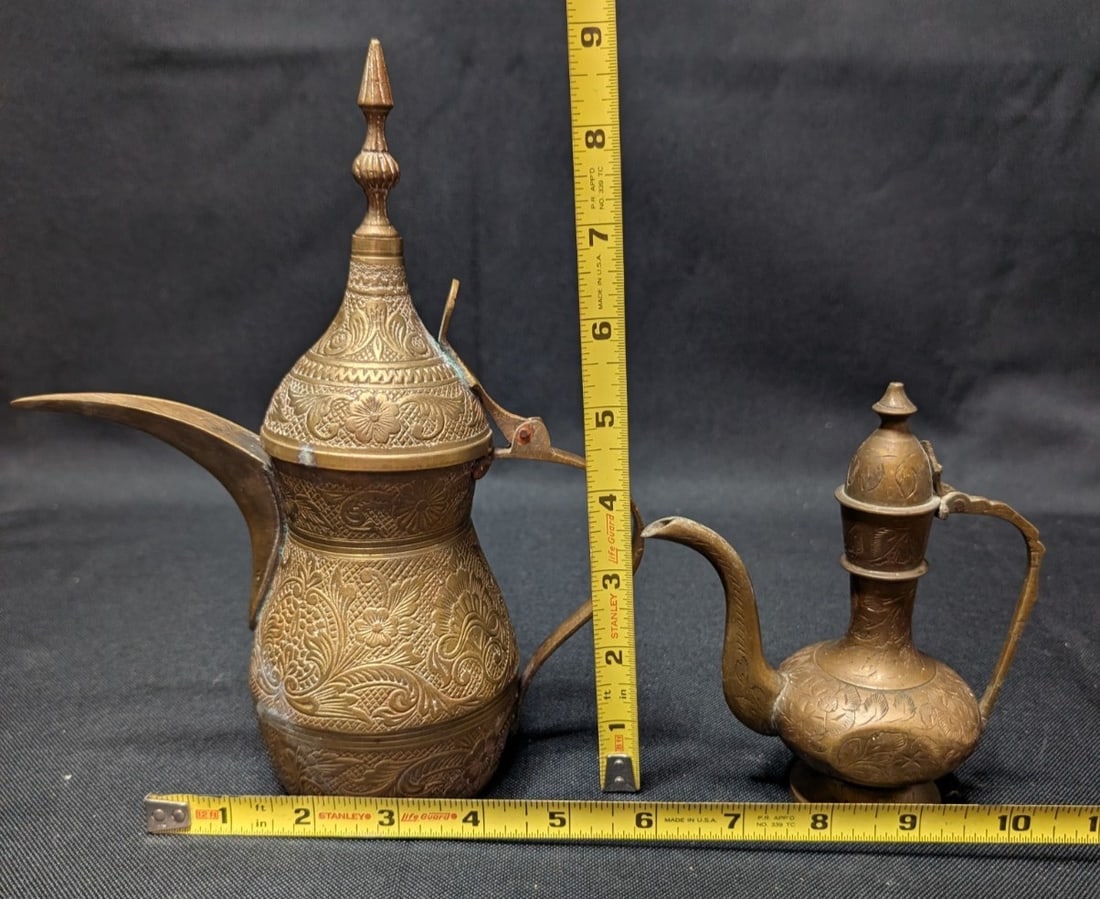 Large 10lb Vintage Brass Lot 17pc Asian Indian Decor Etched Dallah Tingsha Bells - 17