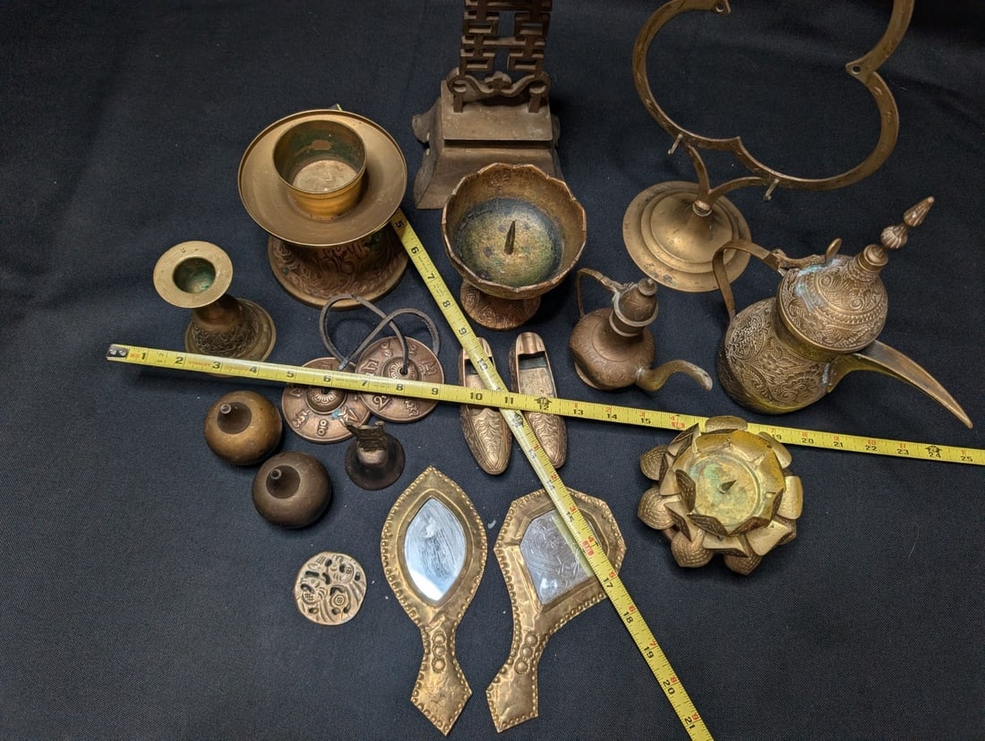 Large 10lb Vintage Brass Lot 17pc Asian Indian Decor Etched Dallah Tingsha Bells - 2