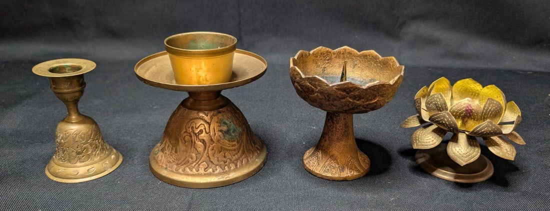 Large 10lb Vintage Brass Lot 17pc Asian Indian Decor Etched Dallah Tingsha Bells - 3