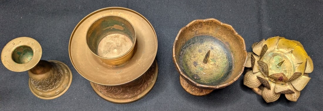 Large 10lb Vintage Brass Lot 17pc Asian Indian Decor Etched Dallah Tingsha Bells - 4