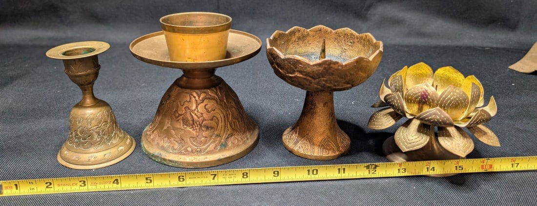 Large 10lb Vintage Brass Lot 17pc Asian Indian Decor Etched Dallah Tingsha Bells - 8