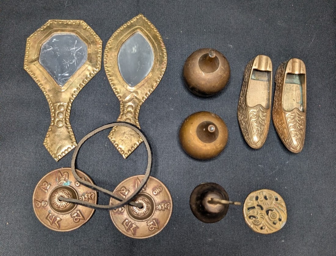 Large 10lb Vintage Brass Lot 17pc Asian Indian Decor Etched Dallah Tingsha Bells - 9