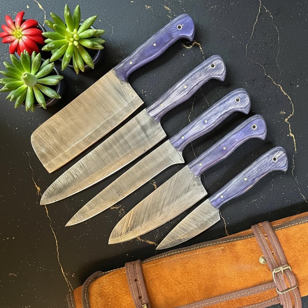 Handmade 5 Pc Damascus Steel Chef Knife Set Full Tang with Pakka Wood & Leather Sheath: Title:Handmade 5 Pc Damascus Steel Chef Knife Set Full Tang with Pakka Wood & Leather SheathDescription:This handmade 5 piece chef set is a collection of masterpieces, meticulously crafted for the