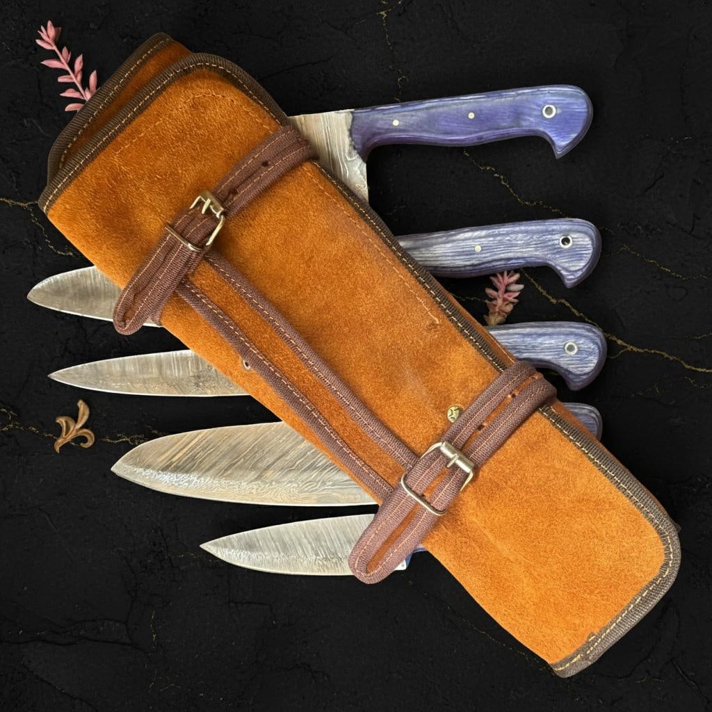 Handmade 5 Pc Damascus Steel Chef Knife Set Full Tang with Pakka Wood & Leather Sheath - 2