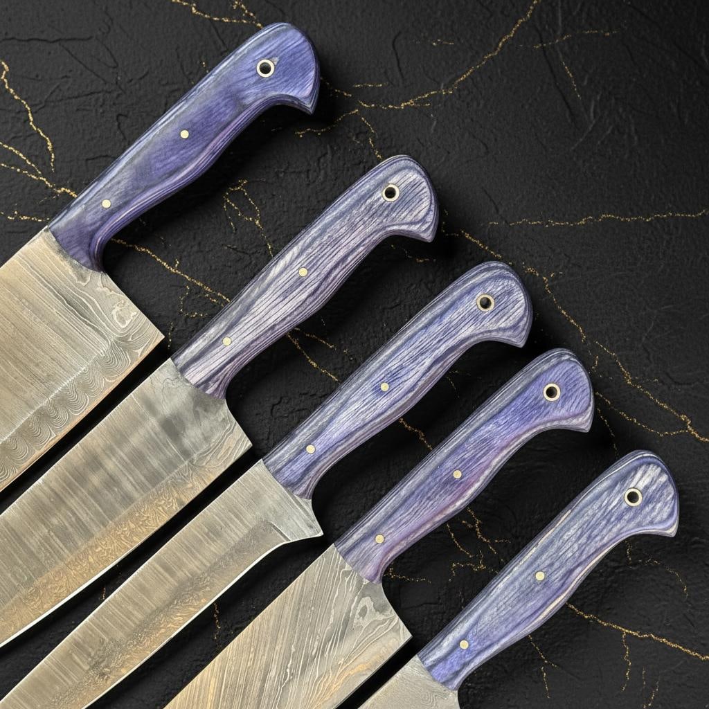 Handmade 5 Pc Damascus Steel Chef Knife Set Full Tang with Pakka Wood & Leather Sheath - 4