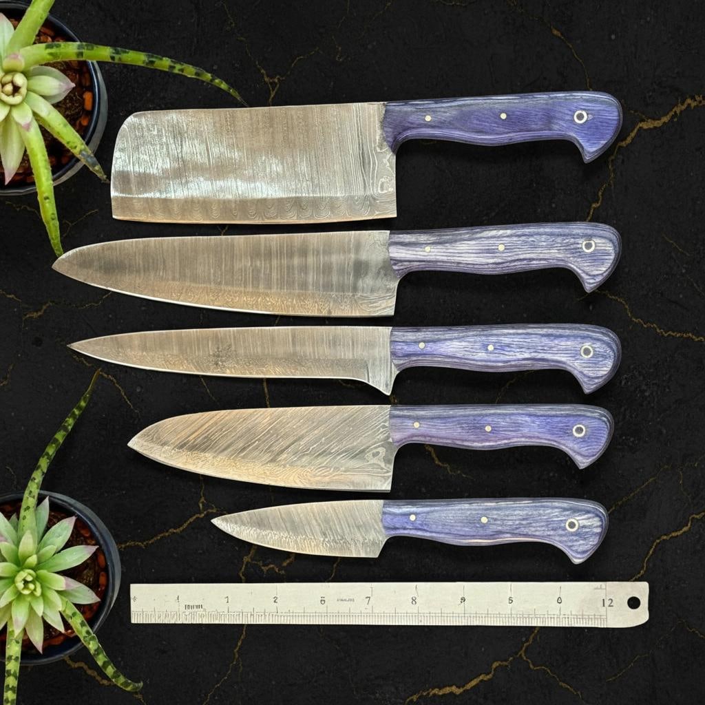 Handmade 5 Pc Damascus Steel Chef Knife Set Full Tang with Pakka Wood & Leather Sheath - 5