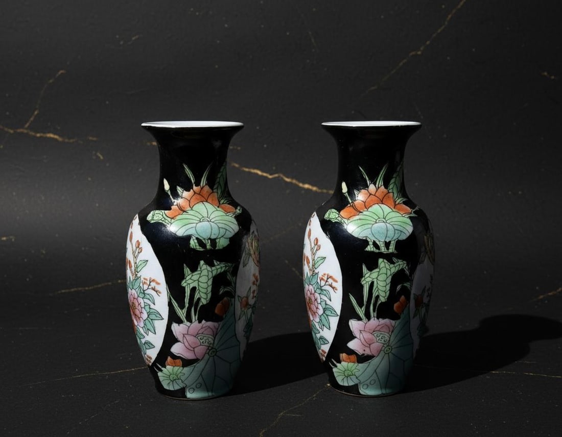 Pair of Antique Famille Noire Porcelain Vases, Republic of China Period - 2