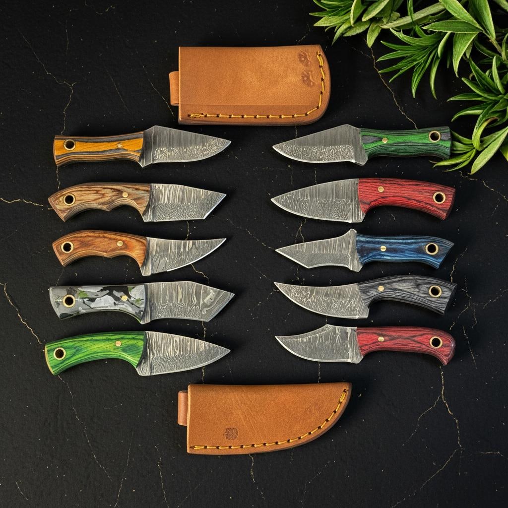 10x Hand Forged Damascus Steel Skinner Knives 4" Hardwood Handle Hunting Lot: Title:10x Hand Forged Damascus Steel Skinner Knives 4" Hardwood Handle Hunting Lot Description:This listing is for a set of ten hand-forged skinner knives, each featuring a unique and distinctive Dama