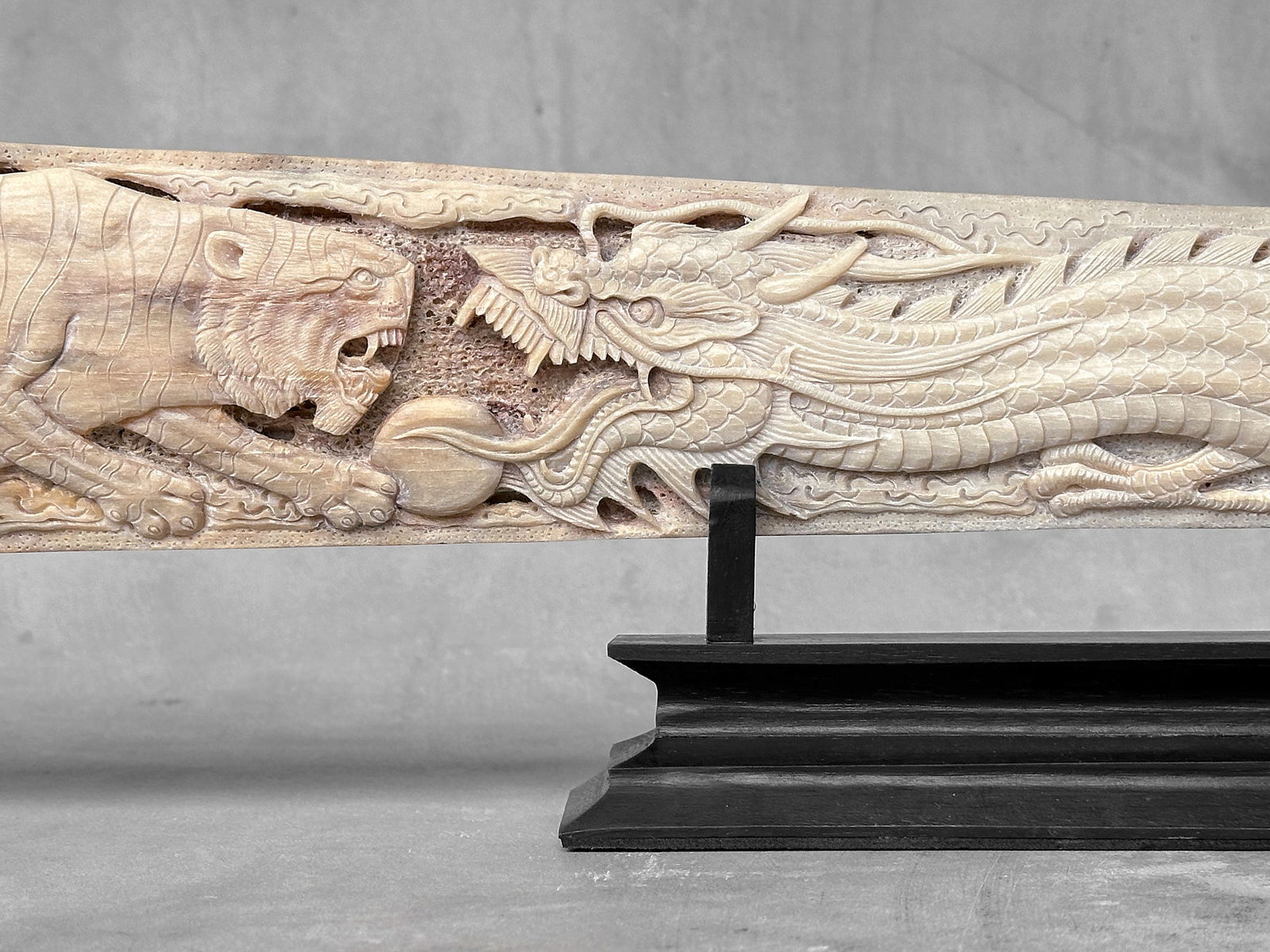 An extra large carved swordfish rostrum - Dragon tiger carving - 7