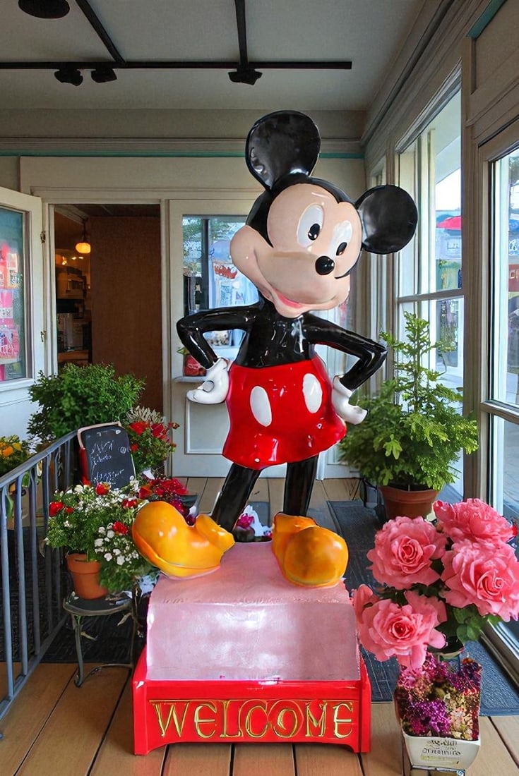 Large Cartoon Mouse Statue Holding Flower Bouquet 35" x 26" x 73"H - 2