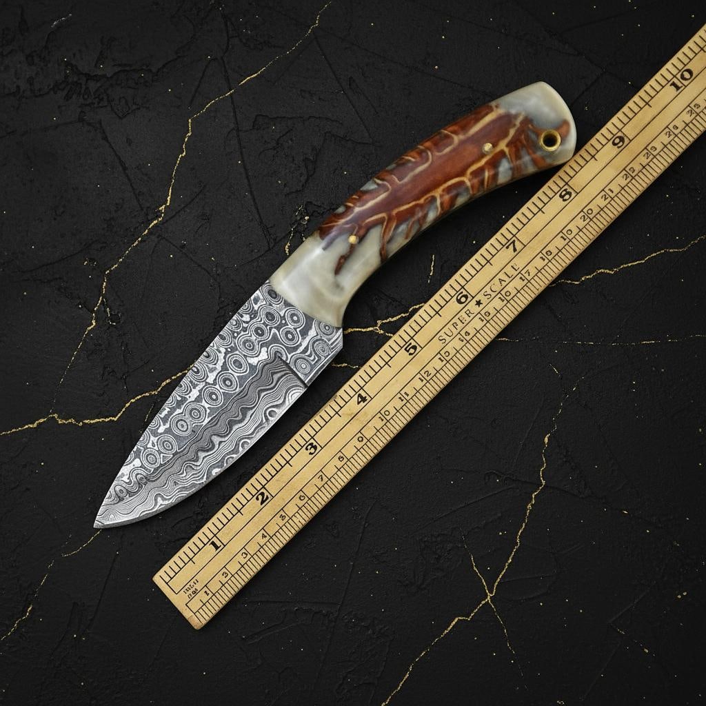 Handmade Damascus Skinner Knife, Rain Pattern Fixed Blade with Pinecone Handle - 4