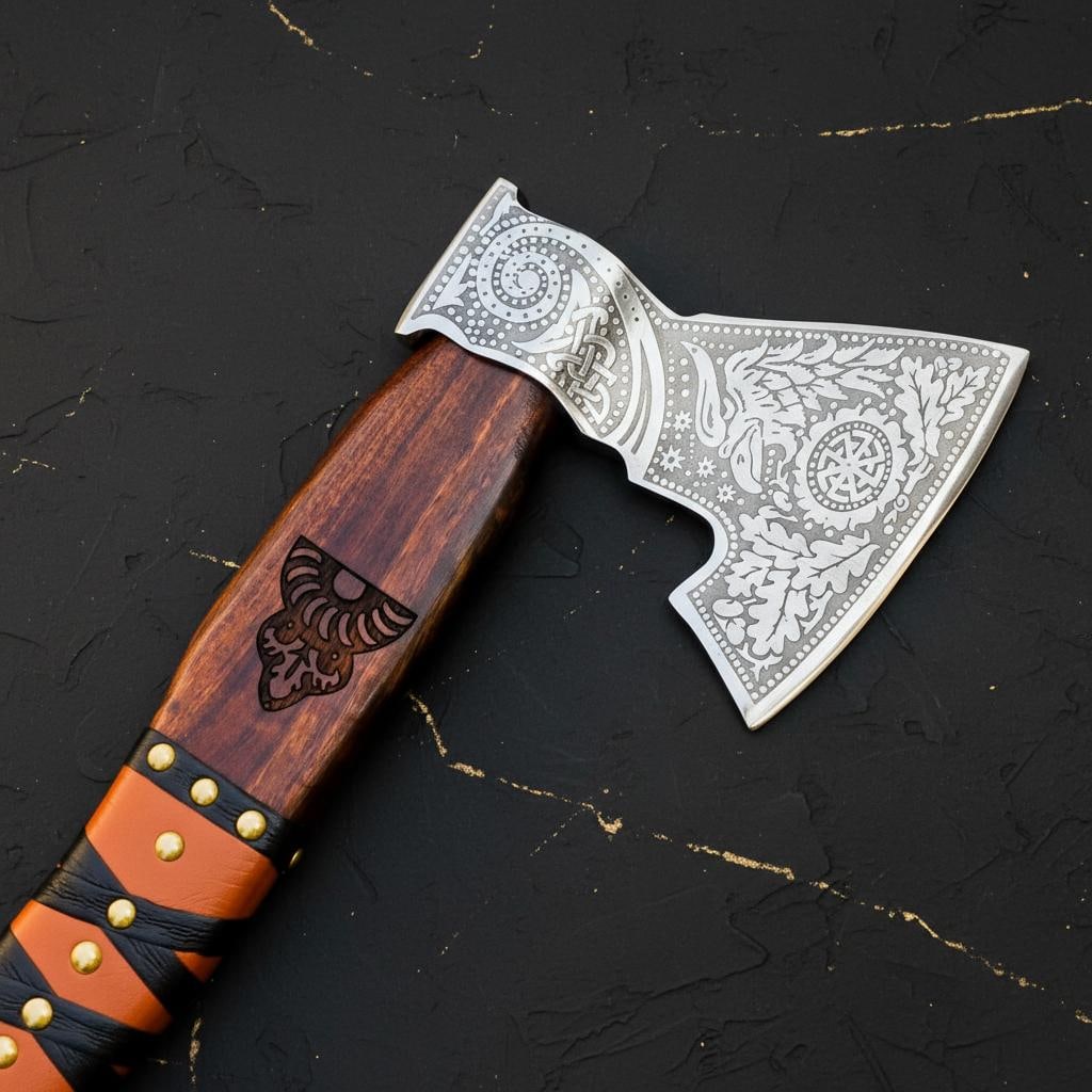 Engraved Ash Wood Viking Axe, Forged Carbon Steel Bearded Tomahawk & Sheath - 14