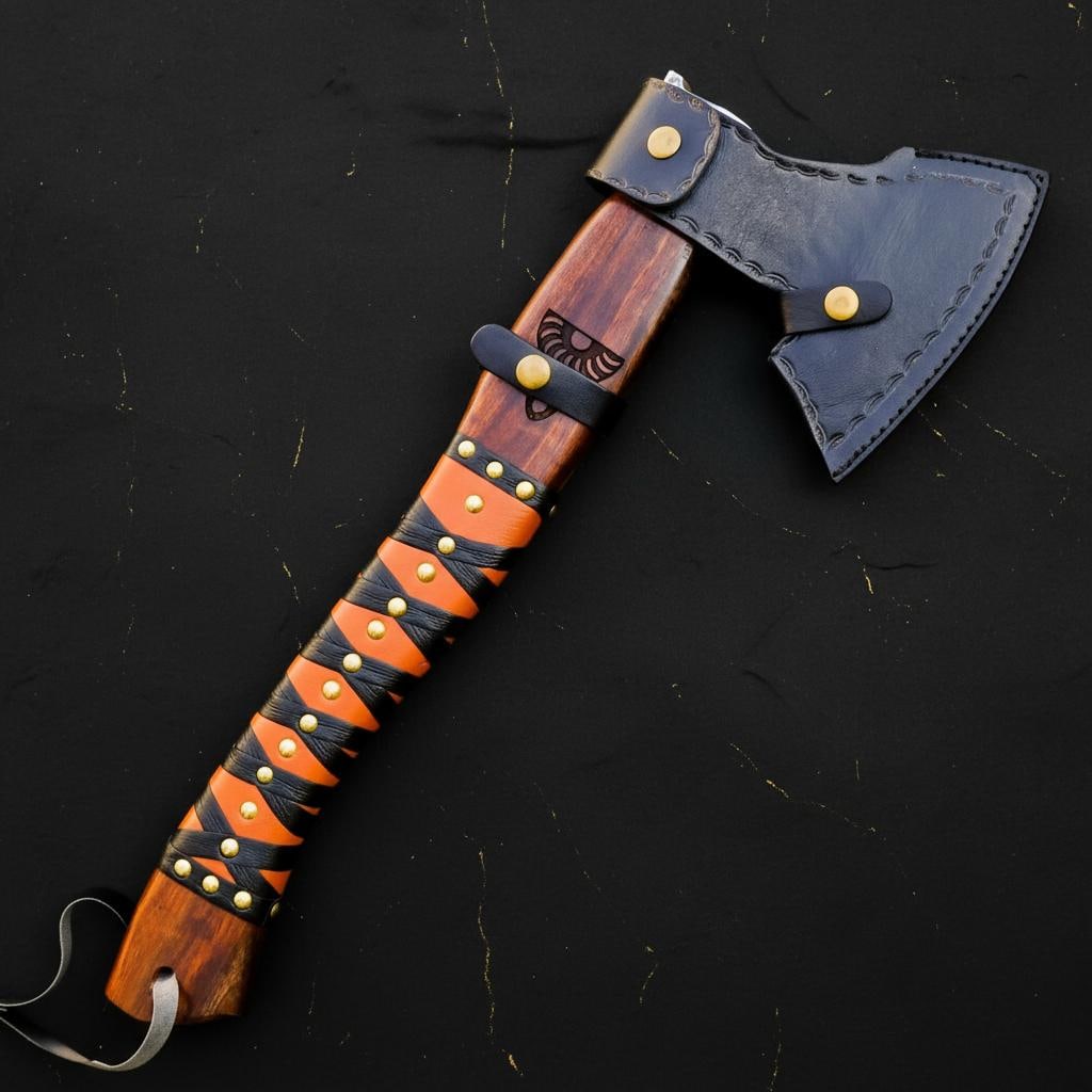 Engraved Ash Wood Viking Axe, Forged Carbon Steel Bearded Tomahawk & Sheath - 17