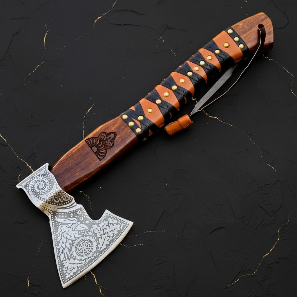 Engraved Ash Wood Viking Axe, Forged Carbon Steel Bearded Tomahawk & Sheath - 4
