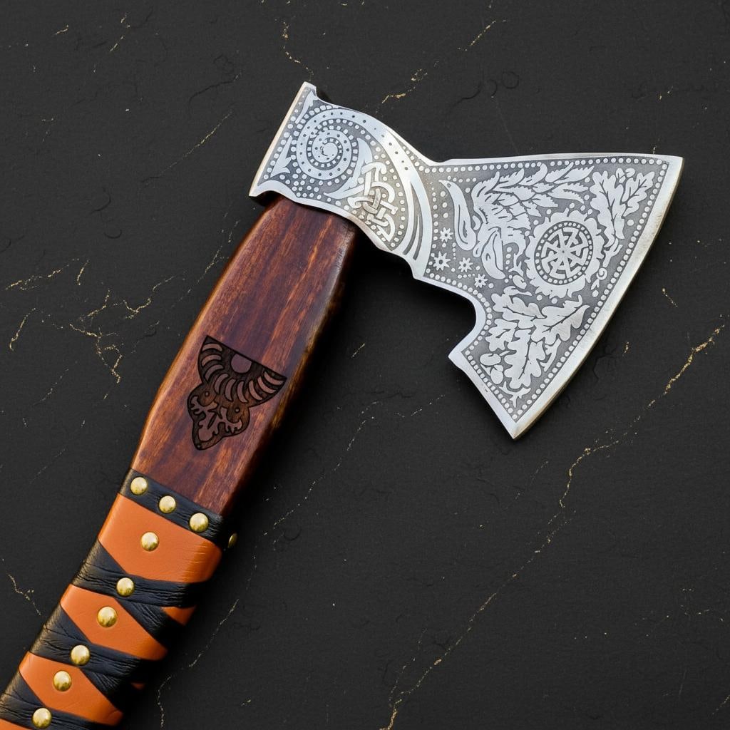 Engraved Ash Wood Viking Axe, Forged Carbon Steel Bearded Tomahawk & Sheath - 6
