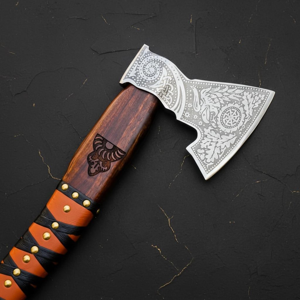 Engraved Ash Wood Viking Axe, Forged Carbon Steel Bearded Tomahawk & Sheath - 9