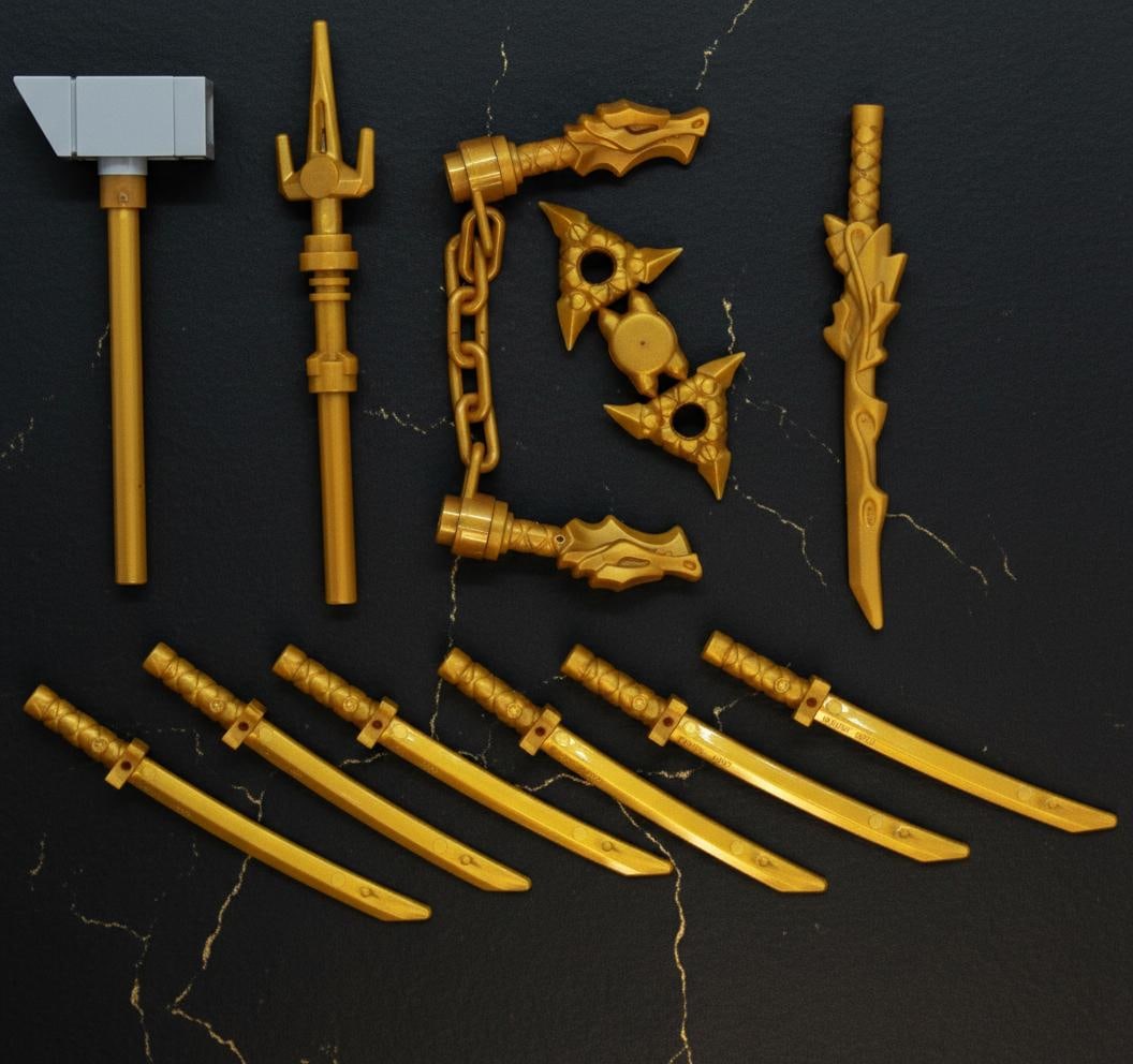 Pearl Gold LEGO Ninjago Weapon Lot Katana Hammer Sai Shuriken Nunchuck Set: Title:Pearl Gold LEGO Ninjago Weapon Lot Katana Hammer Sai Shuriken Nunchuck SetDescription:Enhance your LEGO Ninjago collection with this weapon set, featuring a selection of accessories in a
