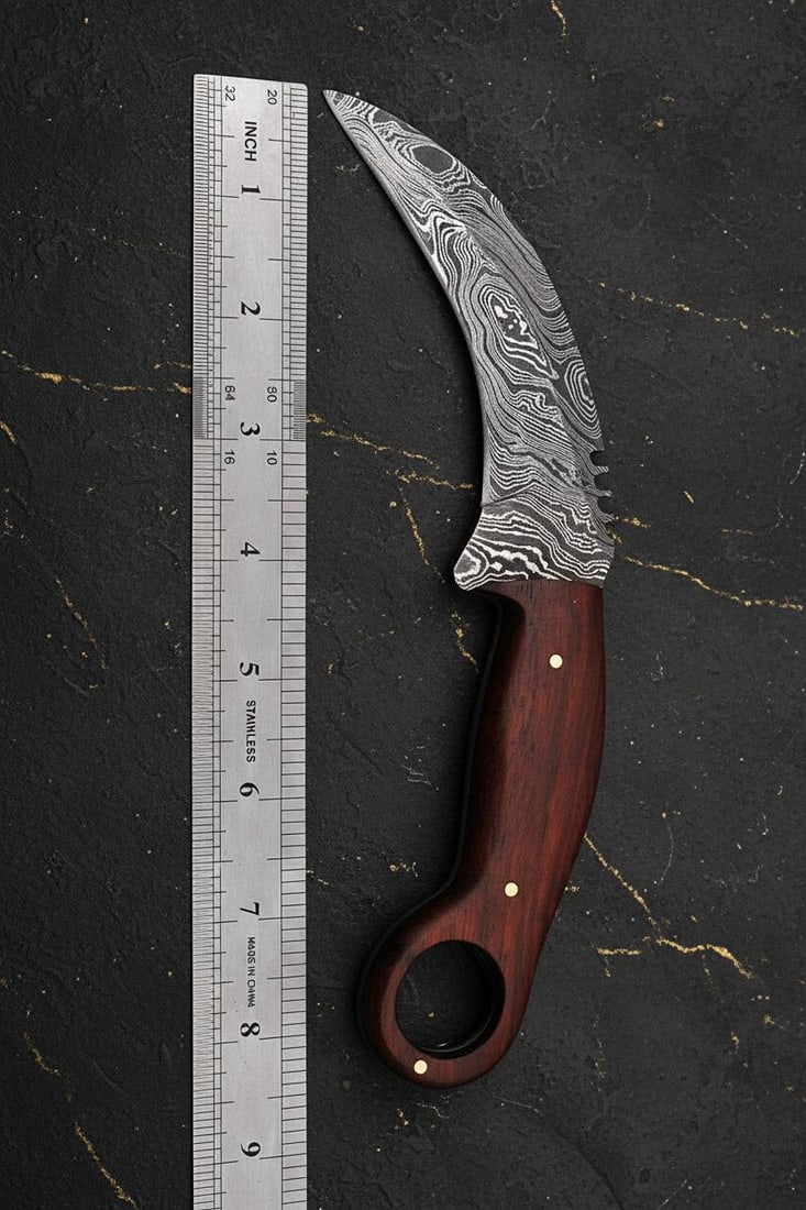 Custom Forged Damascus Karambit, 9-inch Fixed Blade Hunting Knife with Wood Handle: Title:Custom Forged Damascus Karambit, 9-inch Fixed Blade Hunting Knife with Wood HandleDescription:This listing is for a custom handmade Karambit knife, a design inspired by the formidable claws of