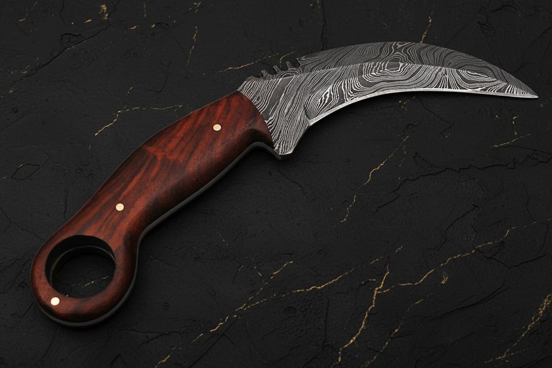Custom Forged Damascus Karambit, 9-inch Fixed Blade Hunting Knife with Wood Handle - 5