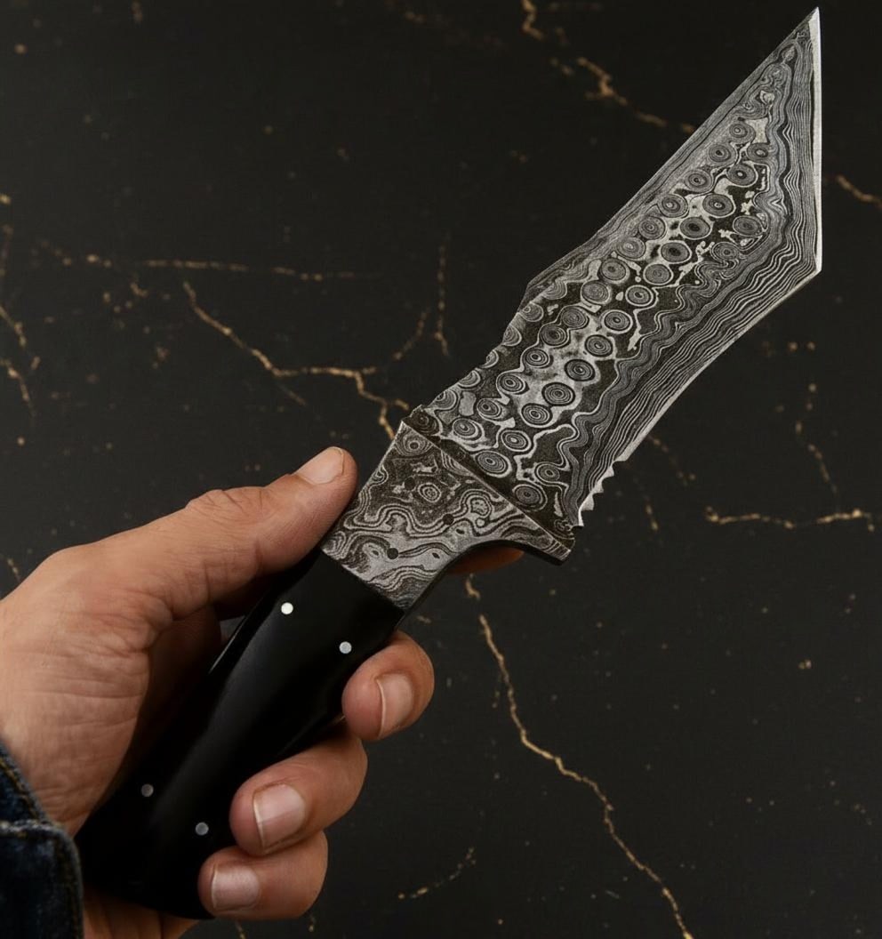 Rain Pattern Damascus Steel Tracker Knife 10 Inch Hand Forged Tanto Fixed Blade - 3
