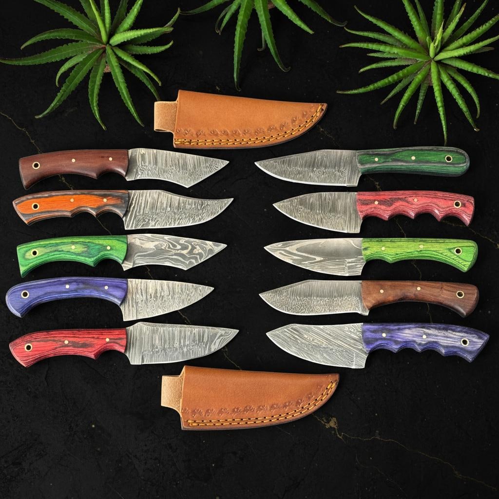 Lot of 10 Damascus Steel Hunting Knives Hand Forged Skinner Blade Hardwood Handle: Title:Lot of 10 Damascus Steel Hunting Knives Hand Forged Skinner Blade Hardwood Handle Description:This offering is for a lot of 10 hand-forged Damascus steel hunting knives, a perfect gear upgrade f