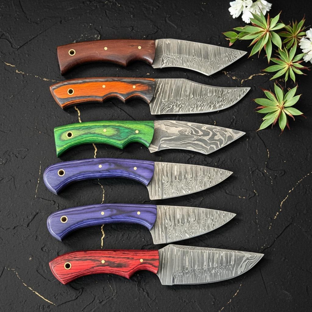 Lot of 10 Damascus Steel Hunting Knives Hand Forged Skinner Blade Hardwood Handle - 7