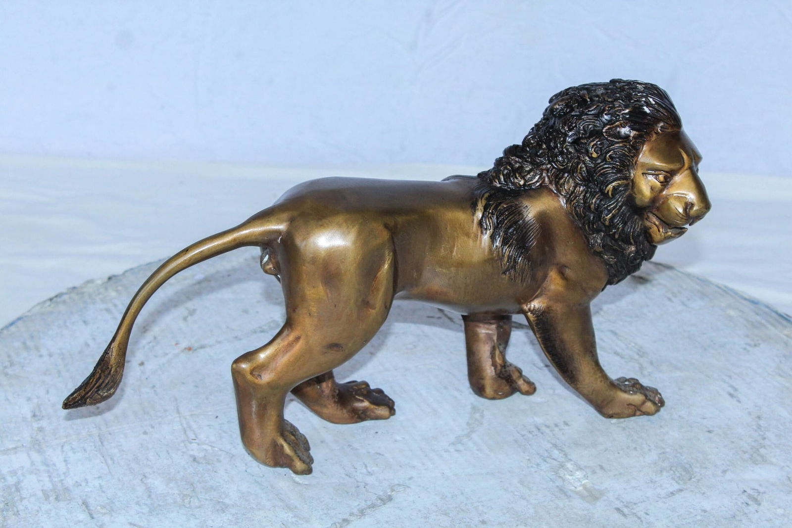 Small Bronze Lion Sculpture Walking Pose Animal Art 15" x 5" x 8"H - 8
