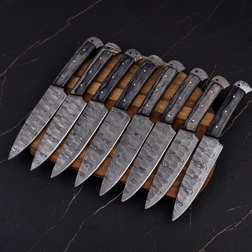 Twist Pattern Damascus Steel Steak Knife Set, 6pc Hand Forged Kitchen Cutlery: Title:Twist Pattern Damascus Steel Steak Knife Set, 6pc Hand Forged Kitchen CutleryDescription:Experience fine dining with this custom set of six steak knives, expertly hand-forged from high-quality