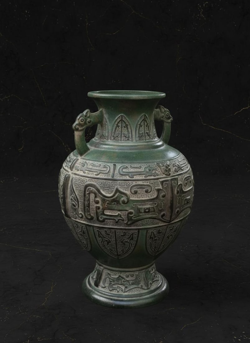 Heavy Dragon Handle Vase, Detailed Chinese Metal Art, Greenish Bronze Finish - 3