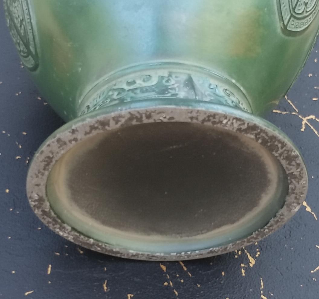 Heavy Dragon Handle Vase, Detailed Chinese Metal Art, Greenish Bronze Finish - 4