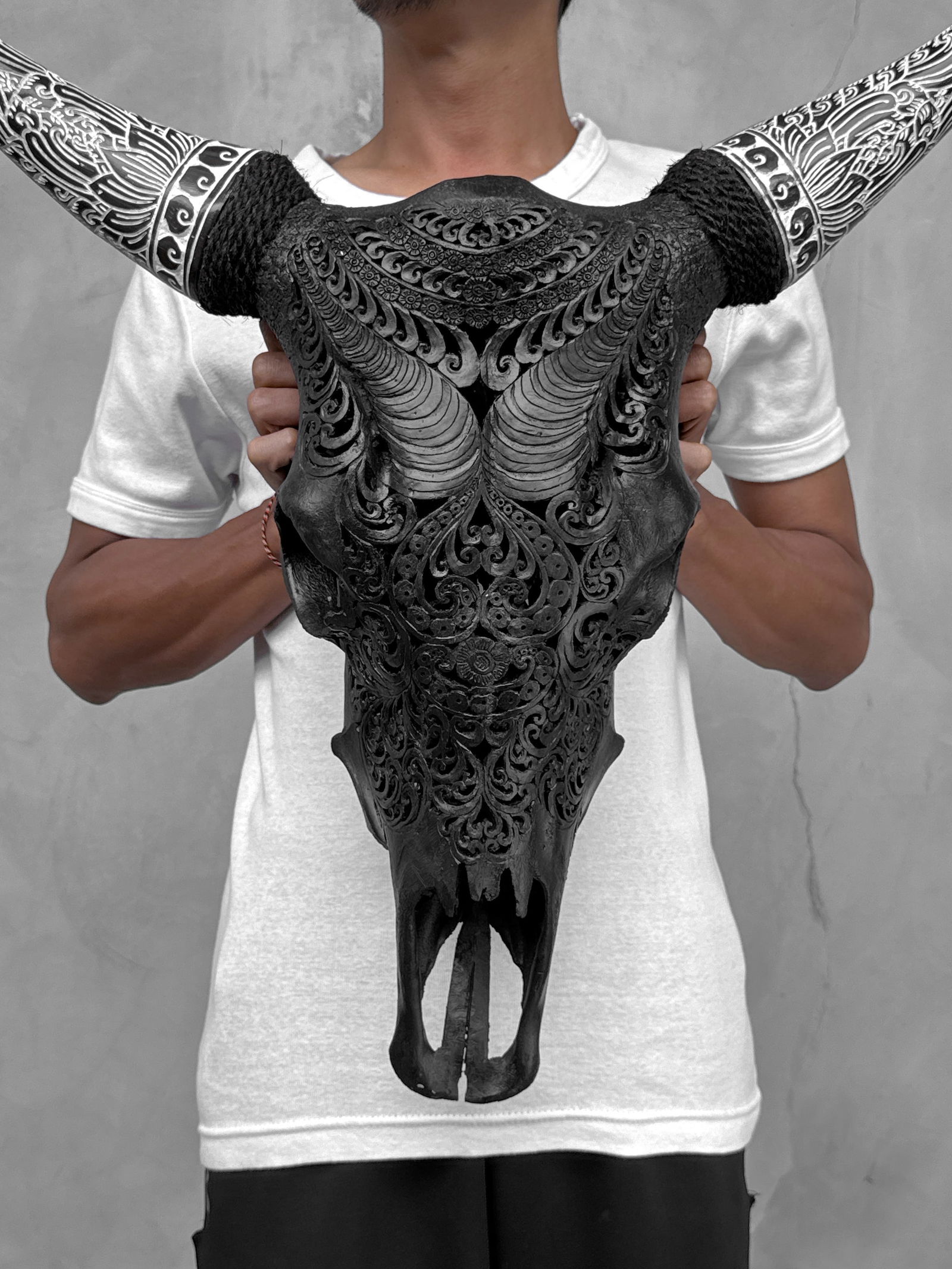 Black cow skull with bohemian carved horns - Badong motif - 10