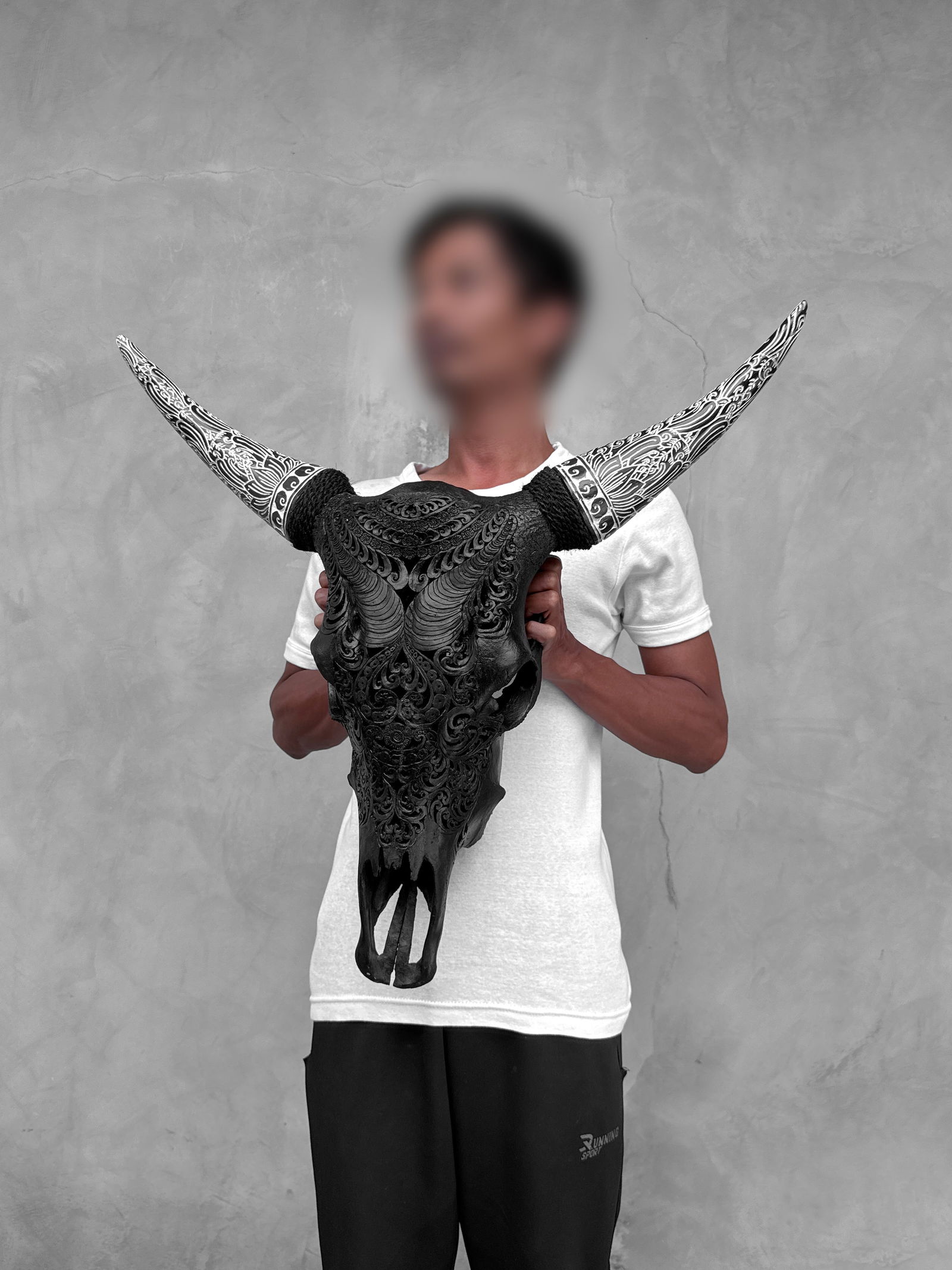 Black cow skull with bohemian carved horns - Badong motif - 2